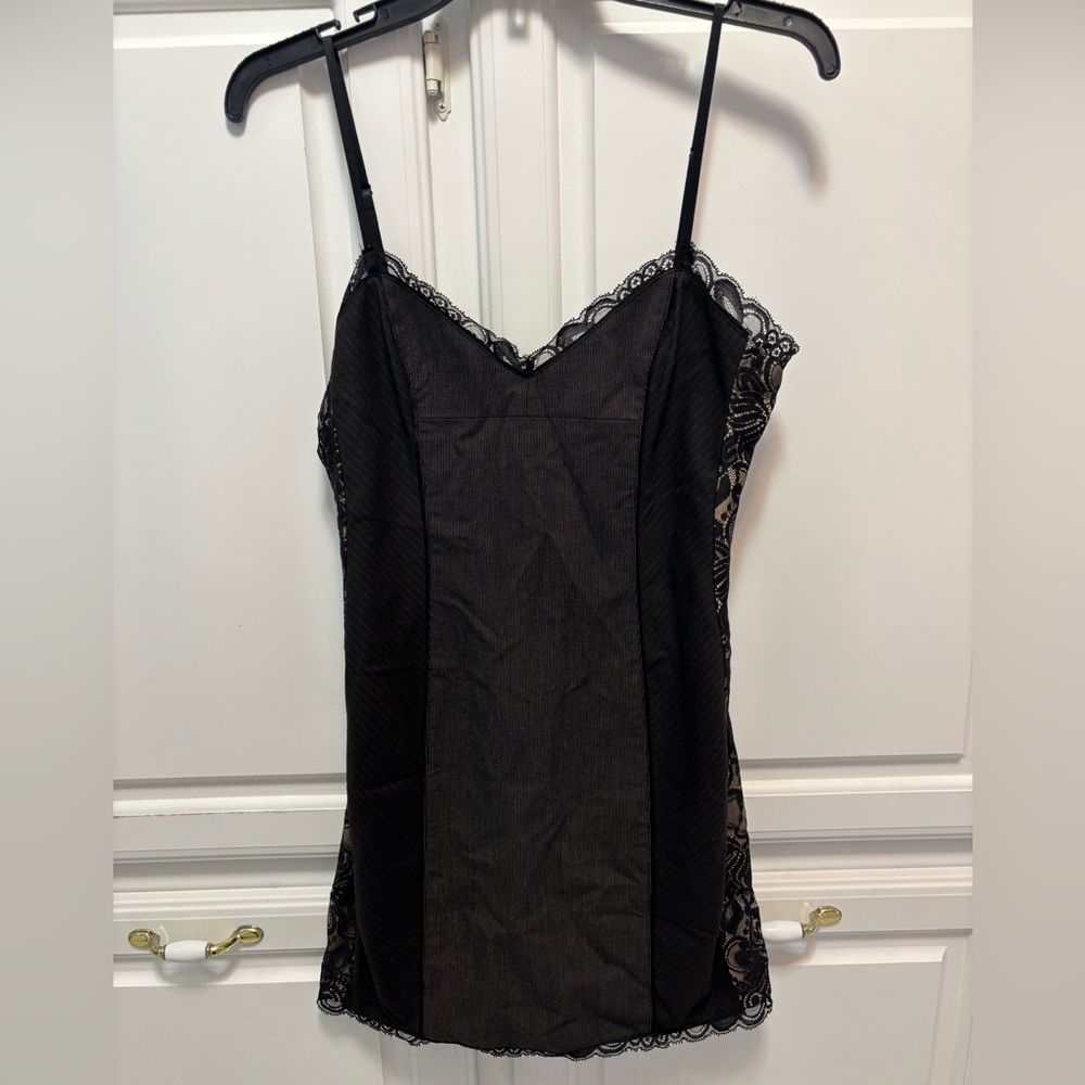Bebe Black Camel Spaghetti Strap Lace Trim Short Mini Dress Women’s Size 8